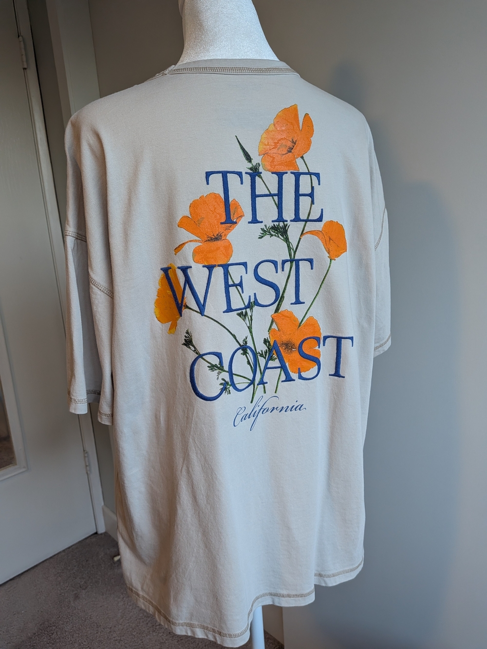 XXL Cotton Embroidered Graphic Tee - West Coast Beige Oversized Soft T-Shirt